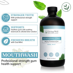 Pouring shot of Living Well mouthwash into a glass for fresh breath