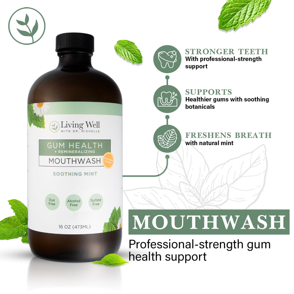Living Well with Dr. Michelle daily-use mouthwash shown on bathroom counter.