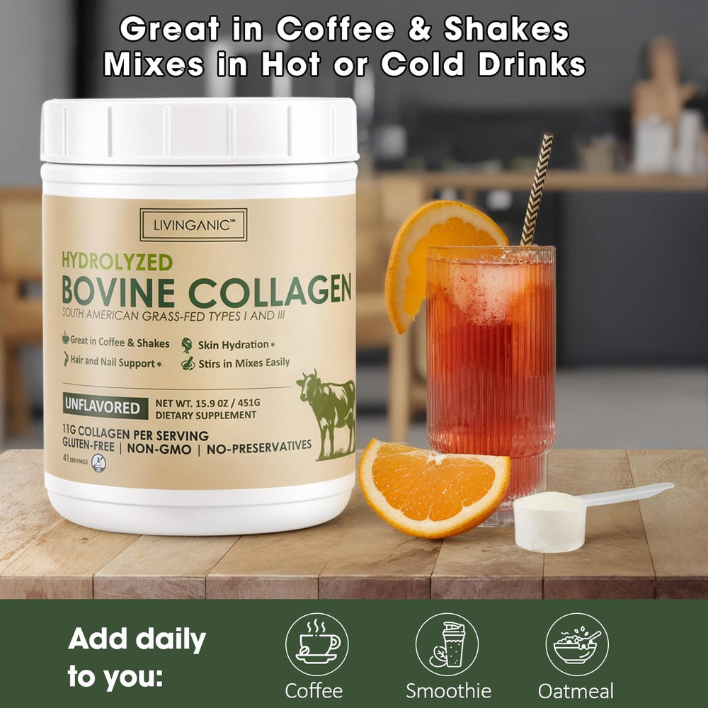 LIVINGANIC collagen peptides powder back-of-package confirms grass-fed sourcing