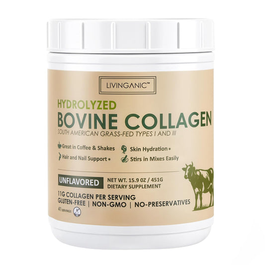 LIVINGANIC collagen peptides powder bottle showing unflavored formula and daily vitality