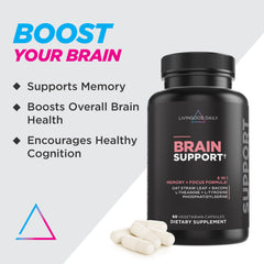 Livingood Daily brain capsules close-up show caffeine-free pills for steady clarity.