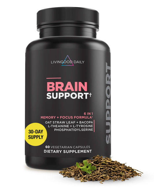 Livingood Daily Brain Support bottle on a clean desk suggests daily focus.