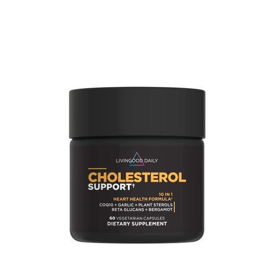 Livingood Daily Cholesterol Support capsules promote heart-friendly lipid balance for daily wellness.