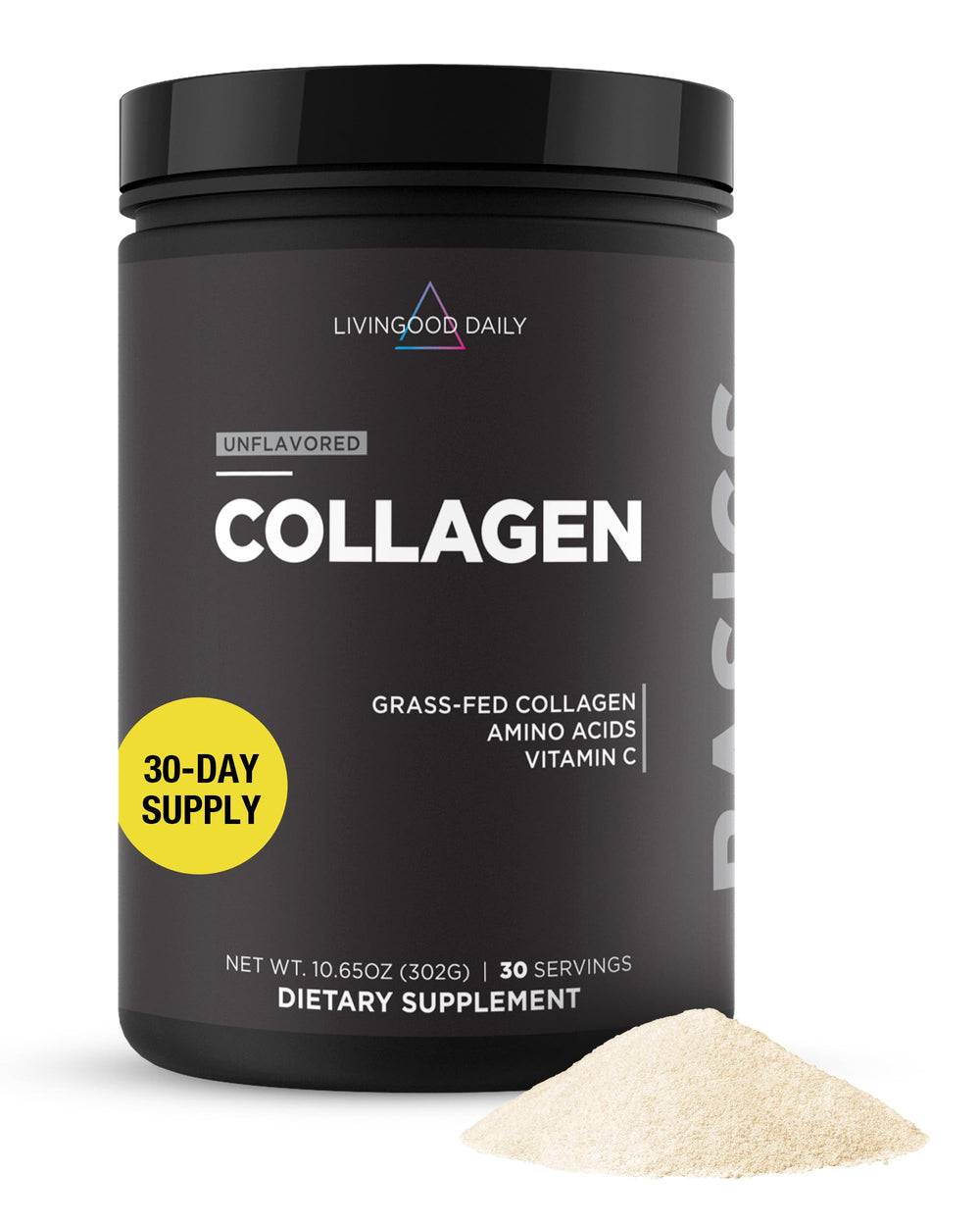Livingood Daily Collagen Powder bottle shows clean-label ingredients for daily use