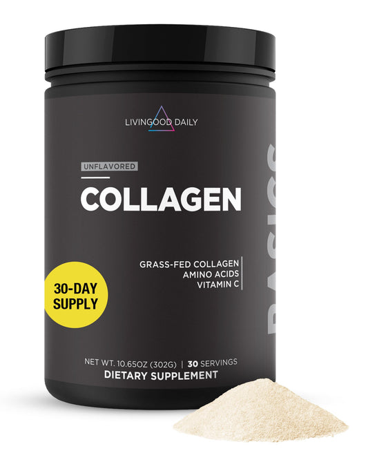 Livingood Daily Collagen Powder bottle shows clean-label ingredients for daily use