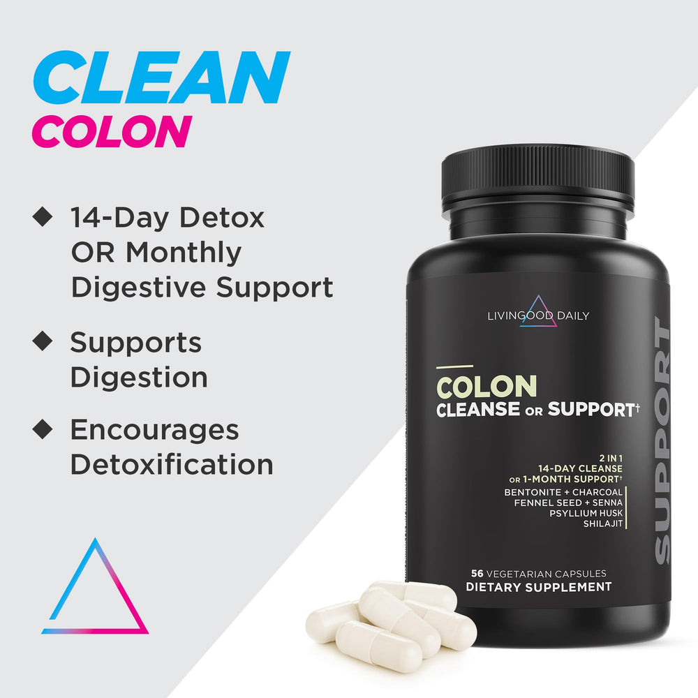 Livingood Daily Colon Cleanse capsules close-up shows vegan, allergen-free formula for gut comfort.
