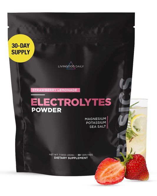 Livingood Daily Electrolytes Powder bottle front for hydration and daily use.