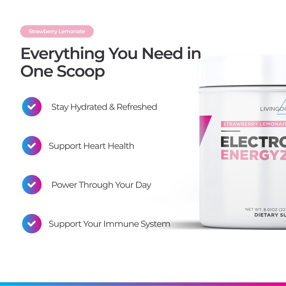 Kitchen counter setup with Livingood Daily Electrolytes ready for daily use