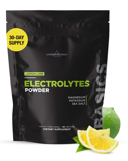 Livingood Daily electrolytes powder lemon lime close-up highlighting hydration formula