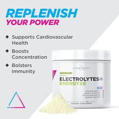 Livingood Daily Electrolytes powder scoop highlights easy mixing for daily hydration.