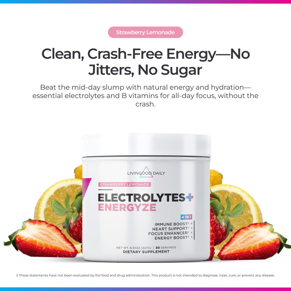 Livingood Daily Electrolytes Strawberry Lemonade glass for refreshing on the go hydration