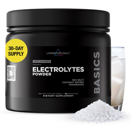 Livingood Daily Electrolytes tub close-up showing sugar-free hydration option