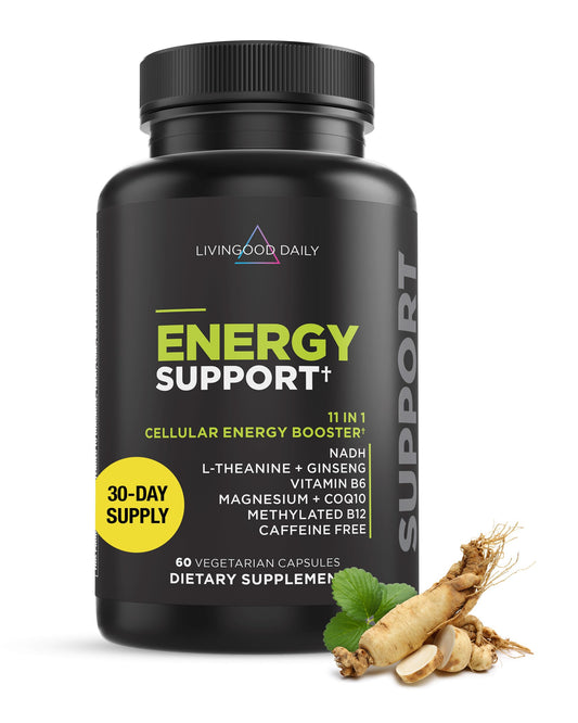 Livingood Daily Energy Support bottle — clean, stimulant-free energy for daily activities.