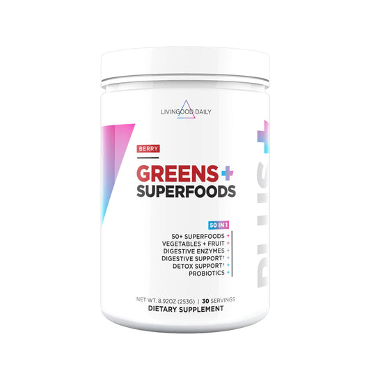 Livingood Daily Greens Berry tub front for daily wellness mix
