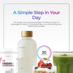 Livingood Daily Greens clean label with non-GMO and gluten-free indicators