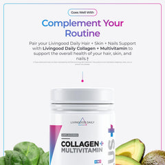 Livingood Daily hair skin nails bundle showing bottle aiding strength and elasticity.