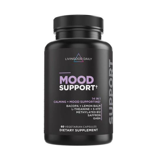 Livingood Daily Mood Support bottle with capsules promoting calm and focus.
