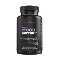 Livingood Daily Mood Support bottle with capsules promoting calm and focus.
