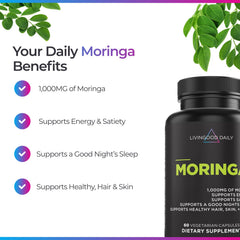Livingood Daily Moringa Capsules angled view illustrating a simple wellness routine.