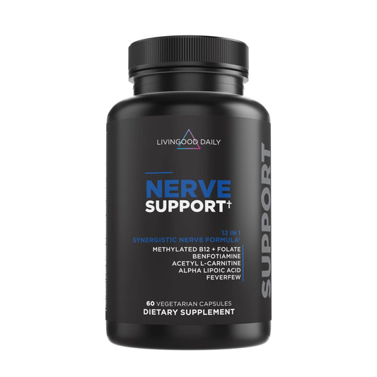 Livingood Daily Nerve Support bottle front, vegan formula for daily nervous system comfort