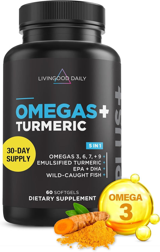 Livingood Daily Omega 3-6-9 Plus Turmeric Curcumin bottle for daily wellness
