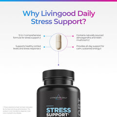Livingood Daily Stress Support ingredients blend emphasizes Ashwagandha and Reishi for holistic wellness.
