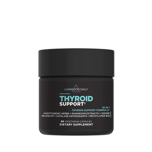 Livingood Daily Thyroid Support bottle with 60 capsules for daily thyroid nutrition.