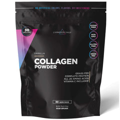 Livingood Daily Vanilla Collagen Package on shelf highlights grass-fed sourcing.