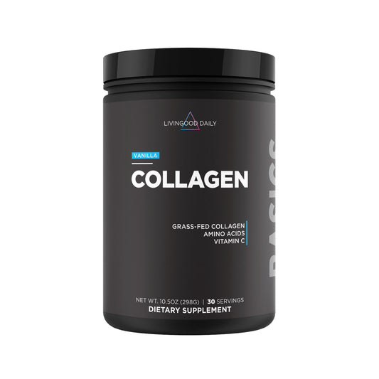 Livingood Daily Vanilla Collagen Powder tub highlights protein blend for daily wellness.