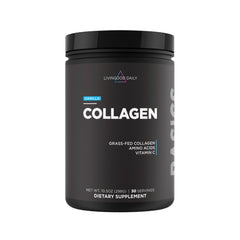 Livingood Daily Vanilla Collagen Powder tub highlights protein blend for daily wellness.