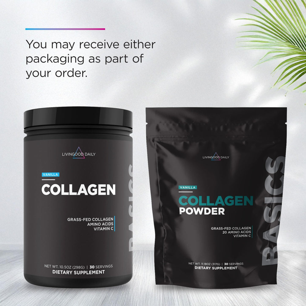 Livingood Daily Vanilla Collagen Scoop illustrates convenient single-serving dosing.