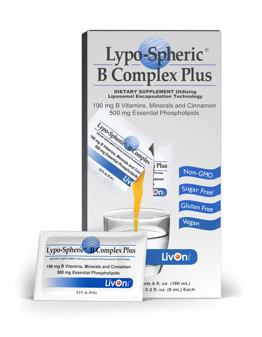LivOn Lypo-Spheric B Complex Plus bottle front highlighting absorption via liposome technology