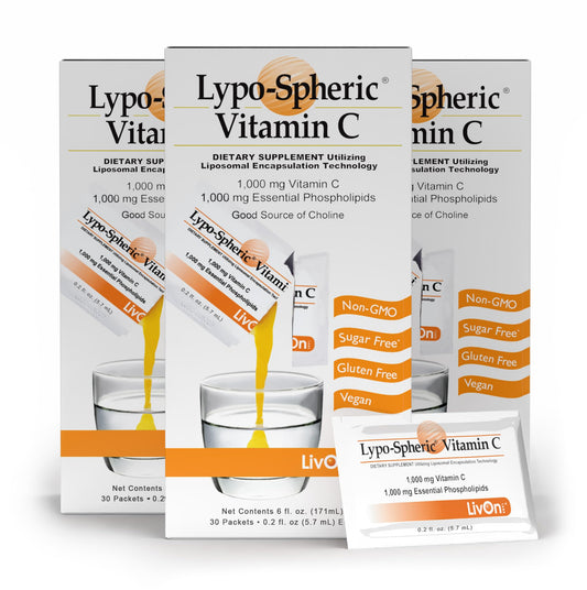 LivOn Lypo-Spheric Vitamin C packaging shows liposome encapsulation for enhanced absorption.