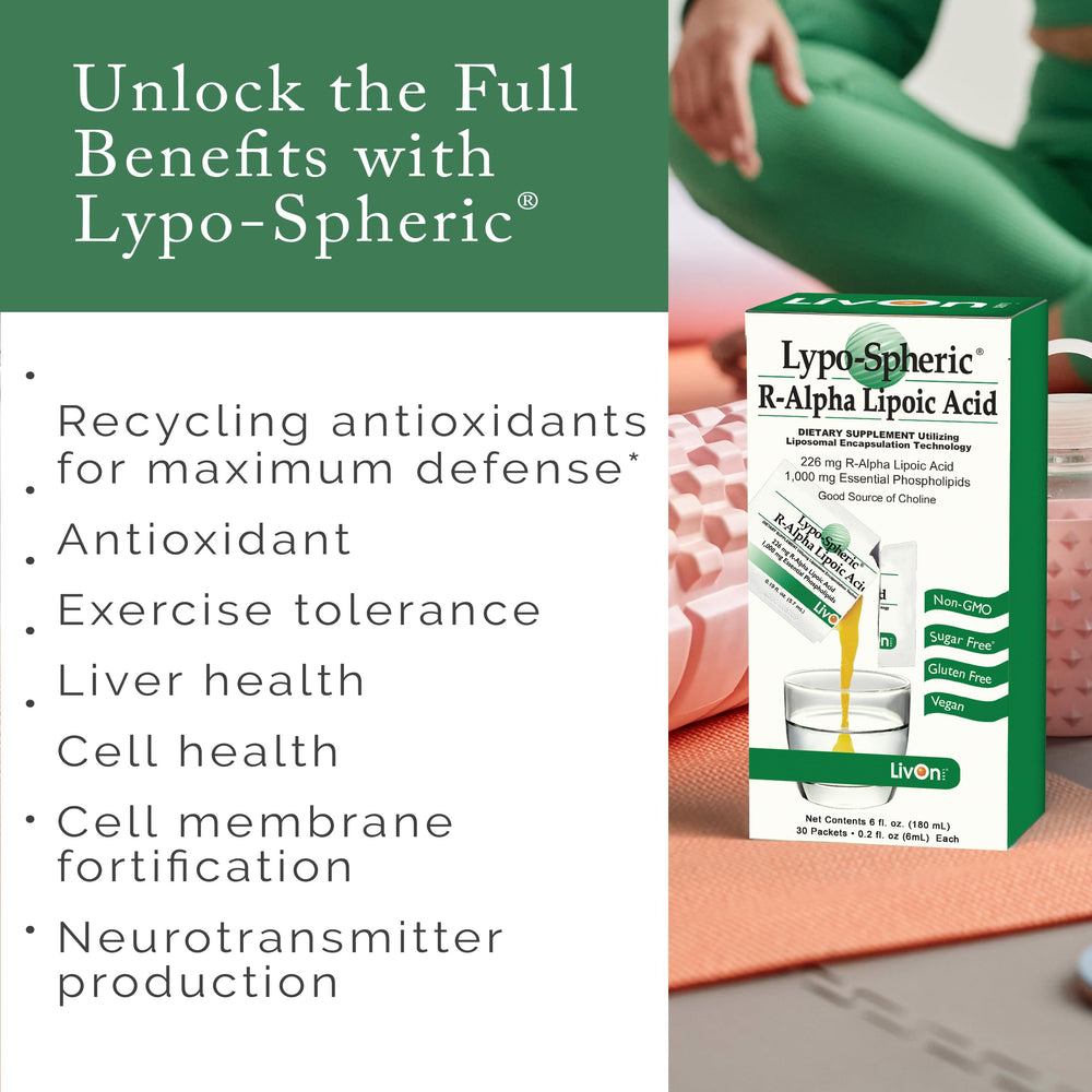 LivOn Liposomal ALA packet dispensed into water for easy intake.