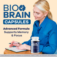 Close-up of LIVORKA Bio Brain capsules highlighting an all-natural formula.