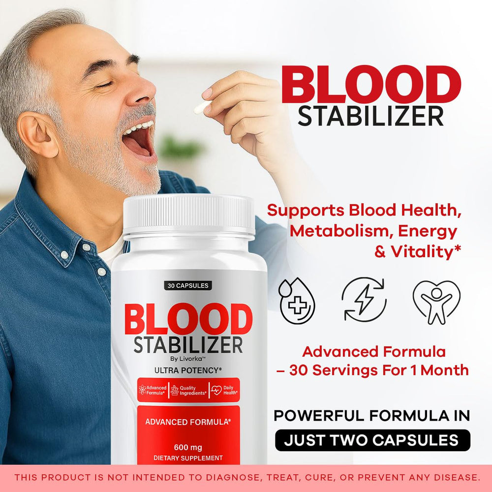 LIVORKA Blood Stabilizer capsules closeup illustrating convenient daily use.