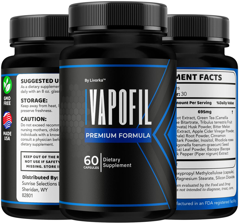 Vapofil capsules beside a glass of water ready for daily intake.