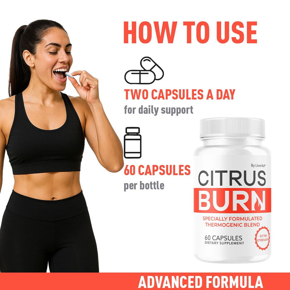 LIVORKA Citrus Burn Capsules label detail showcasing advanced formula and quality.