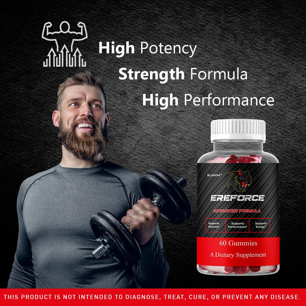 LIVORKA Ereforce Gummies packshot highlights 60-count bottle for a one-month supply, convenient daily use.