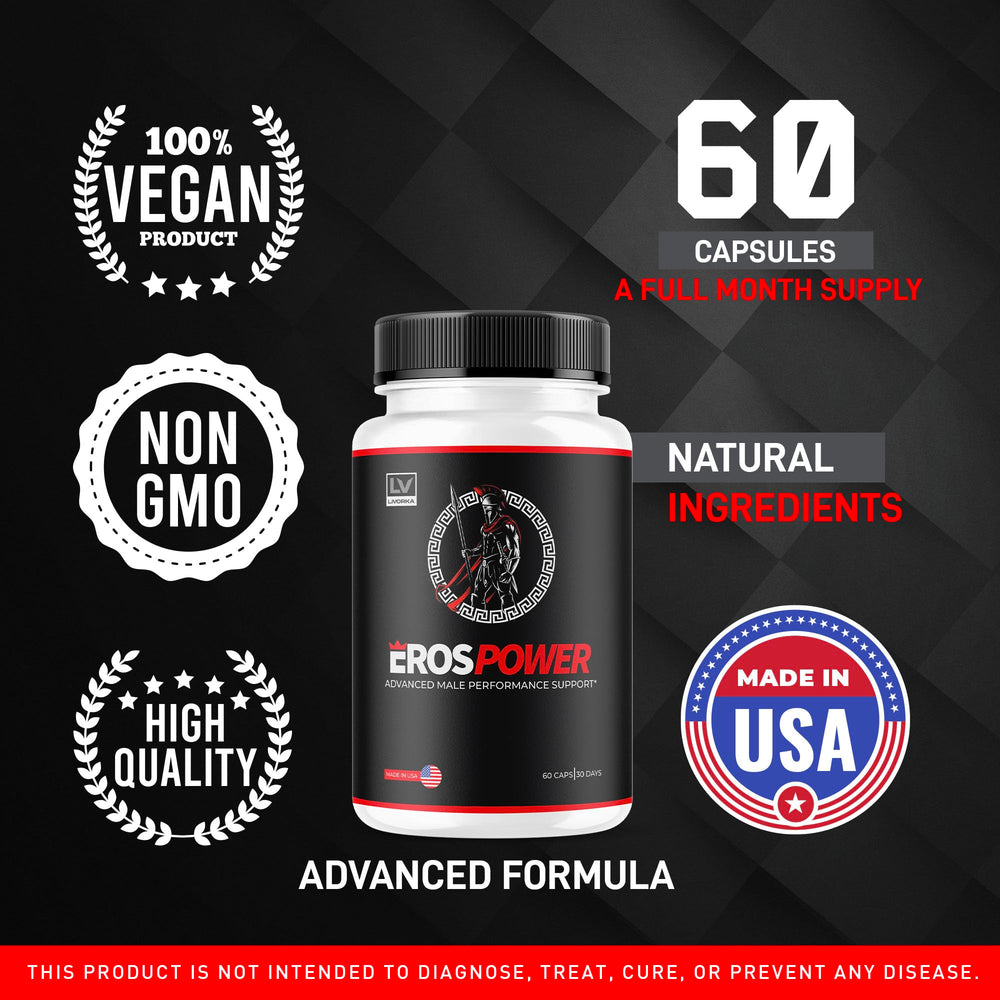 LIVORKA Eros Power powder supplement closeup showing capsule texture and quality.
