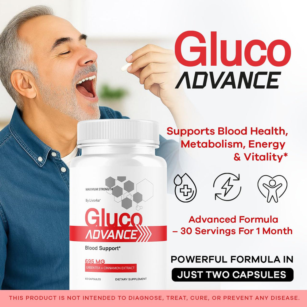 Close-up of Gluco Advance capsules showing daily wellness support