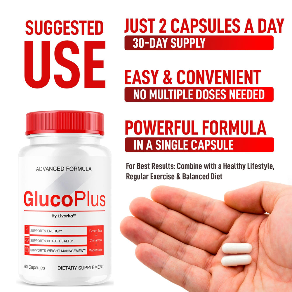 LIVORKA Gluco Plus label details highlight natural ingredients and USA manufacturing.