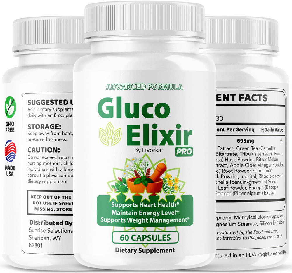 LIVORKA GlucoElixir Pro display shows 60 capsules per bottle