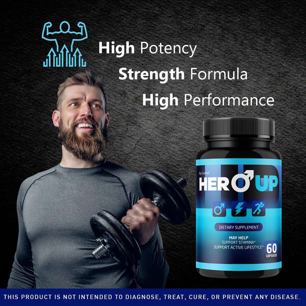 LIVORKA Hero Up label highlights natural ingredients aiding daily vitality.