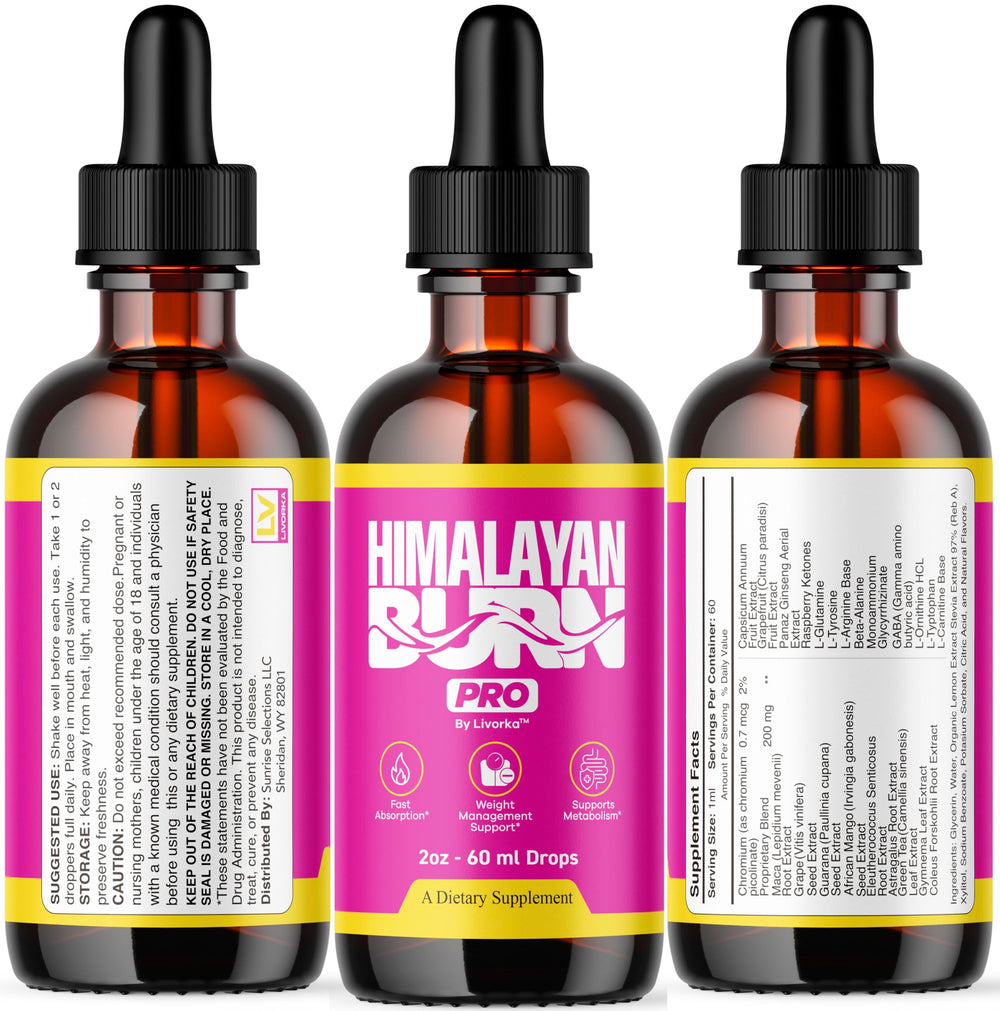 LIVORKA Himalayan Burn Pro Drops 3-month supply bottle lineup.