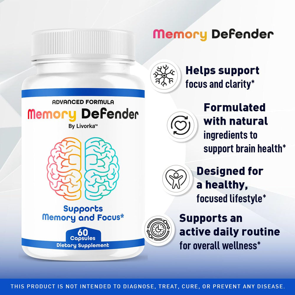 LIVORKA Memory Defender capsules close-up highlights easy-to-swallow daily supplement.