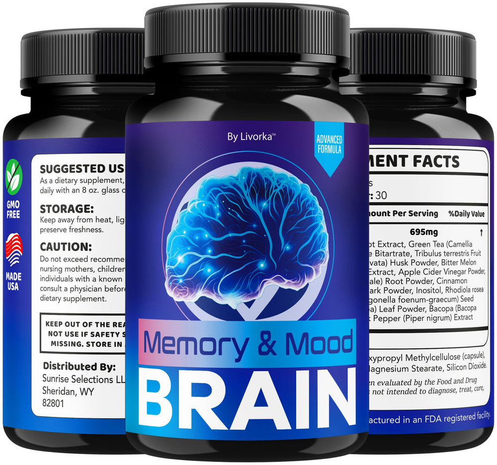 LIVORKA Memory Mood Brain back view of bottle emphasizing daily supplement.