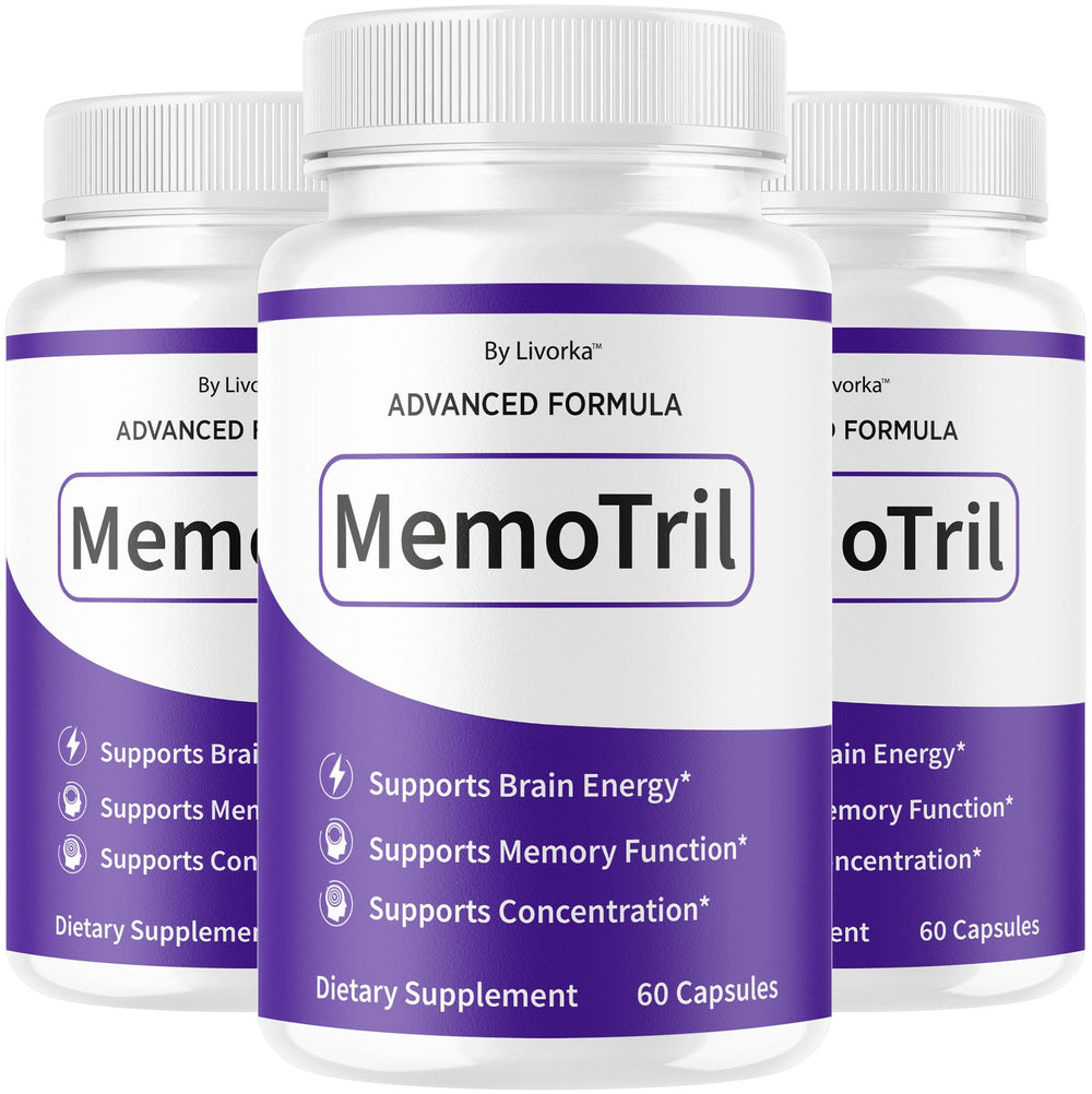 Livorka Memotril 3-pack bottle front shows daily brain support in premium packaging.
