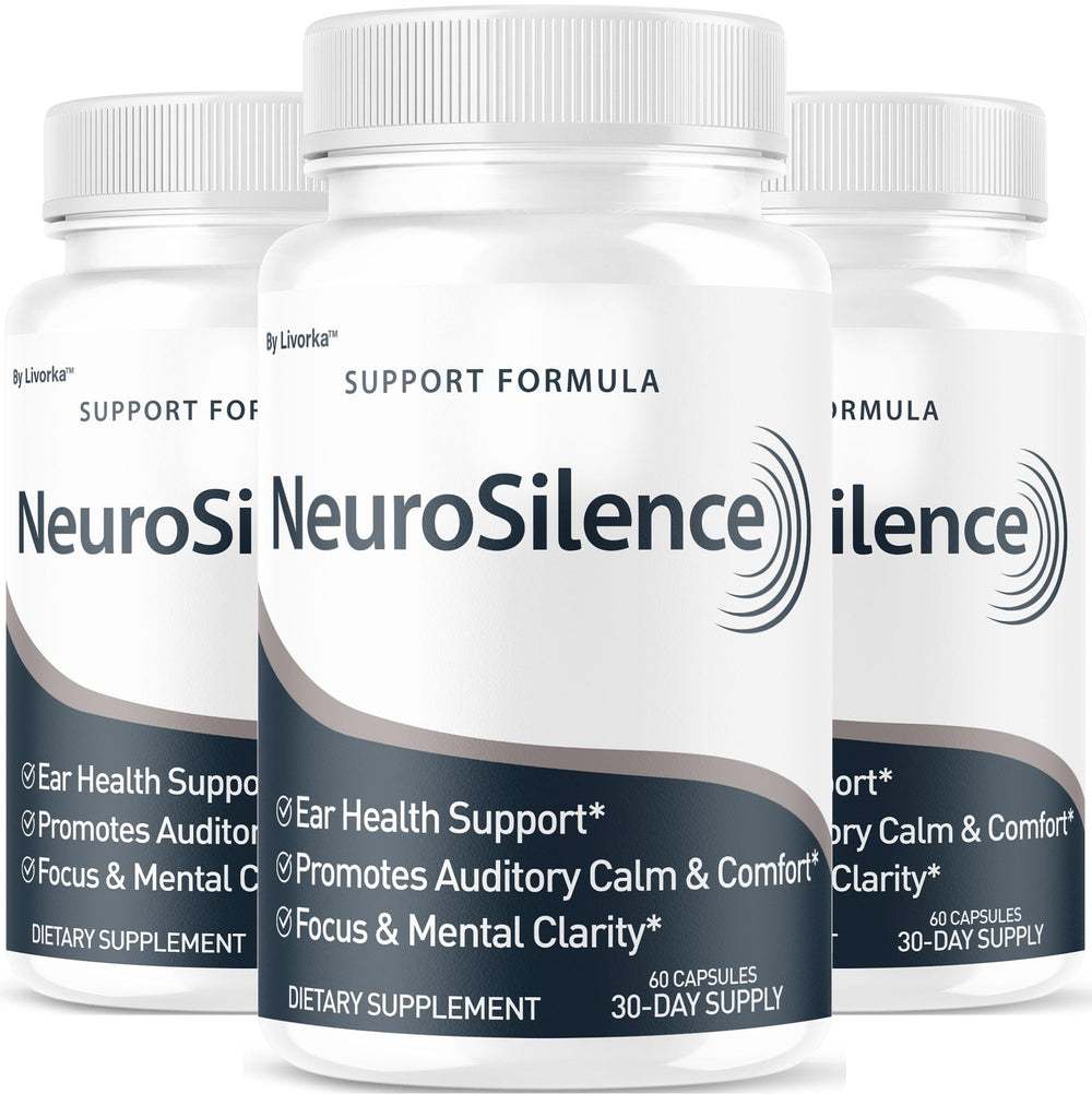 LIVORKA Neurosilence 3-pack bottle front promotes daily ear health support.