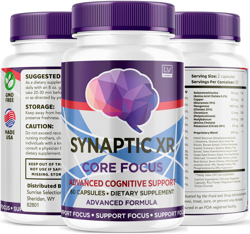 Usage scene shows a person taking Synaptic XR capsules during work